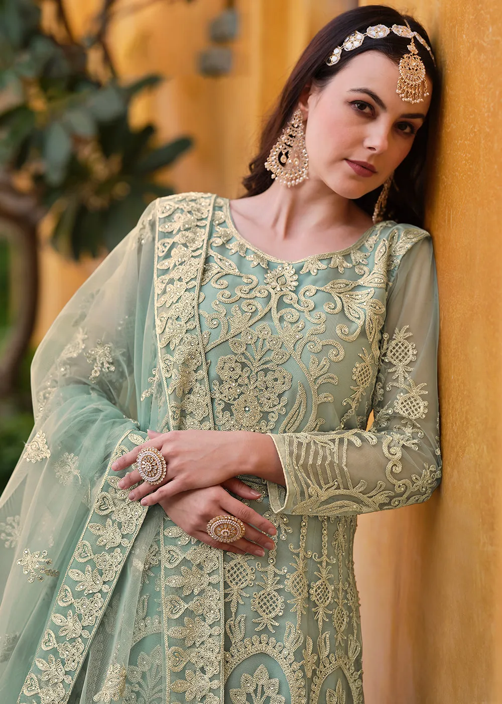 Light Green Pure Butterfly Net Wedding Wear Anarkali Suit