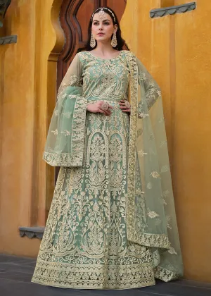 Light Green Pure Butterfly Net Wedding Wear Anarkali Suit