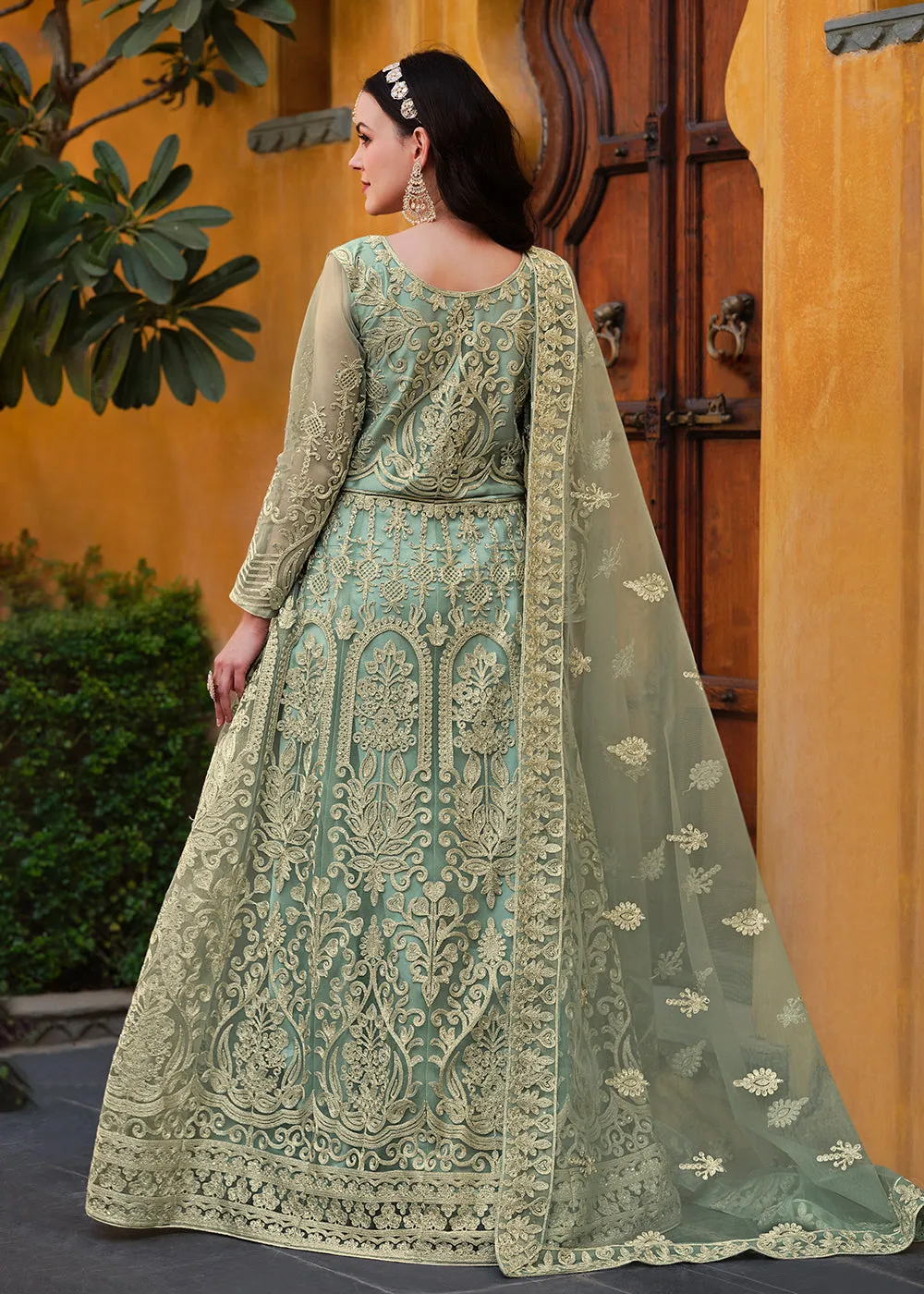 Light Green Pure Butterfly Net Wedding Wear Anarkali Suit