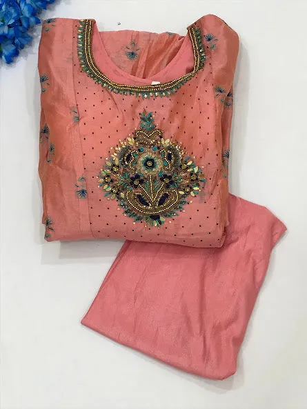Lovely Pink Colored Embroidery Work With Cotton Kurti Suit For Women