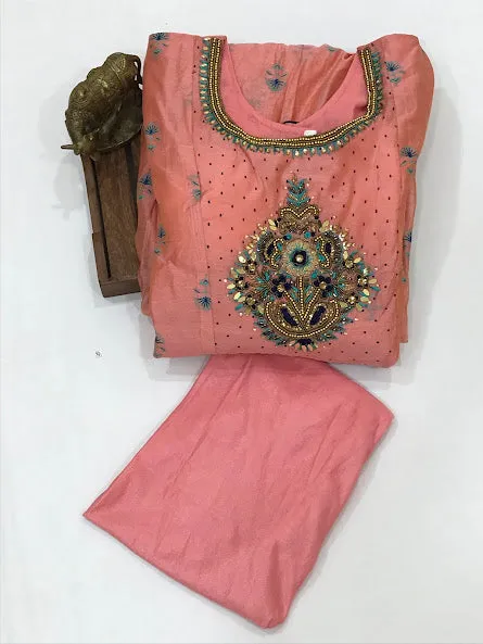 Lovely Pink Colored Embroidery Work With Cotton Kurti Suit For Women