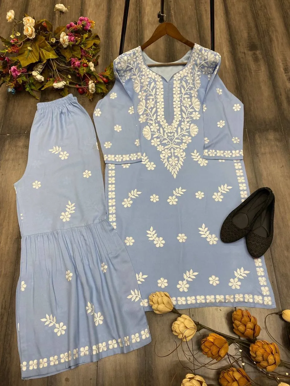 Lovely Sky Blue Color Rayon Sharara Suits With Embroidery Work For Women