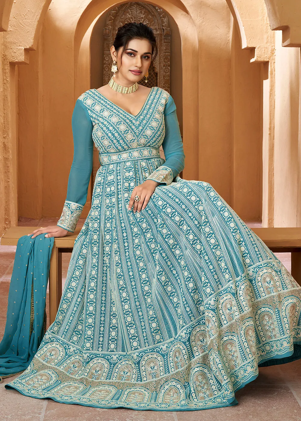 Lucknowi Floor Length Olympic Blue Ethnic Anarkali Suit