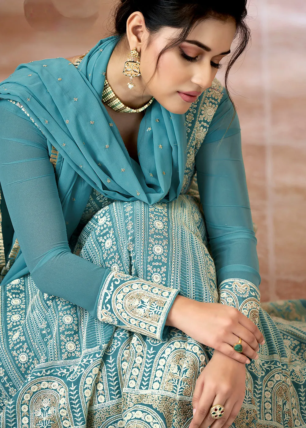 Lucknowi Floor Length Olympic Blue Ethnic Anarkali Suit