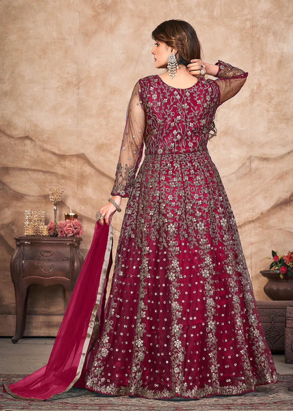 Maroon Net Embroidered Pant Style Anarkali Suit