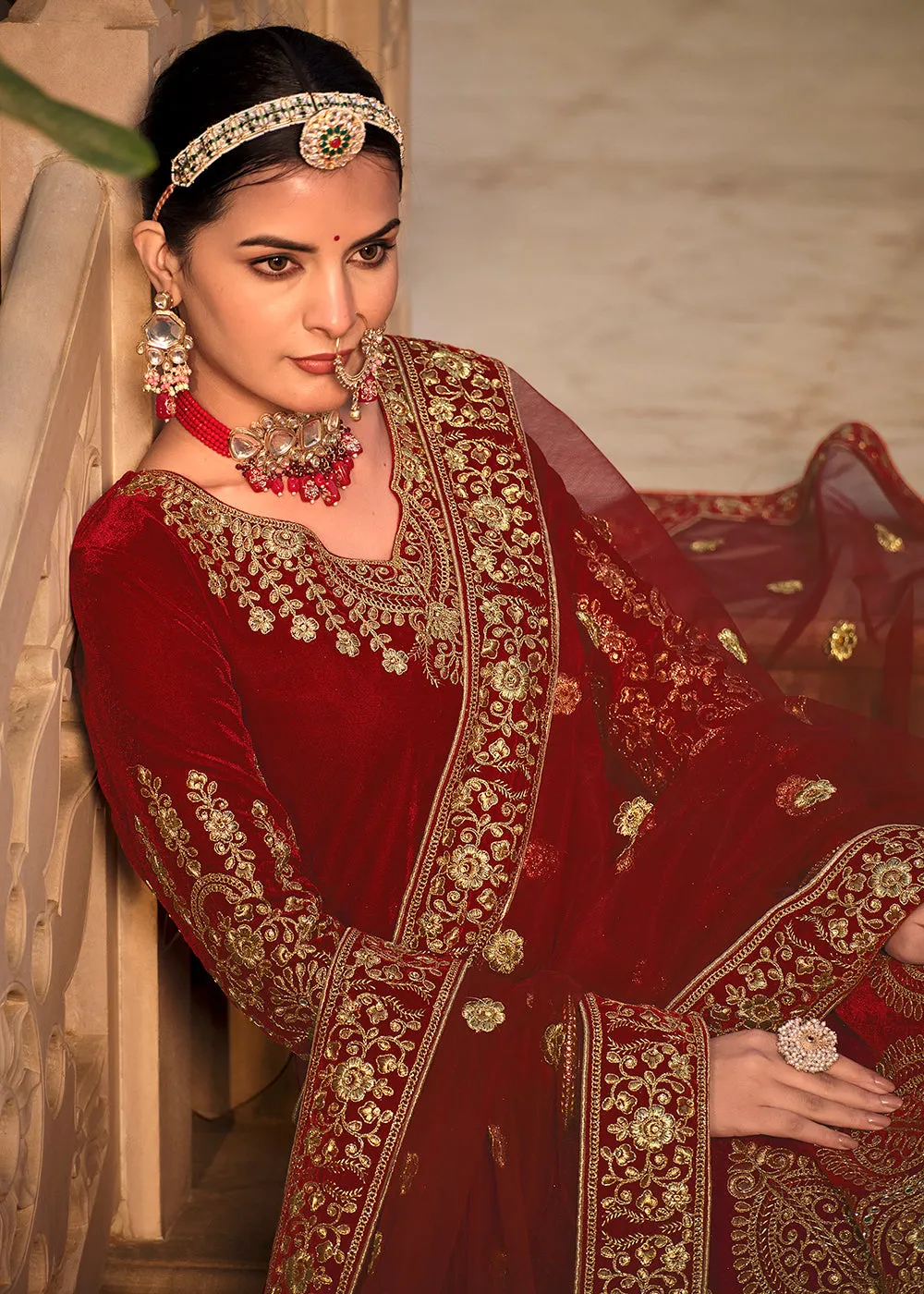 Maroon Velvet Front & Back Embroidery Wedding Anarkali Suit