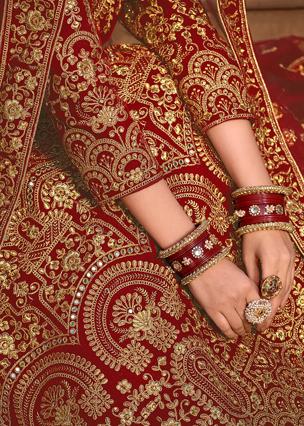 Maroon Velvet Front & Back Embroidery Wedding Anarkali Suit