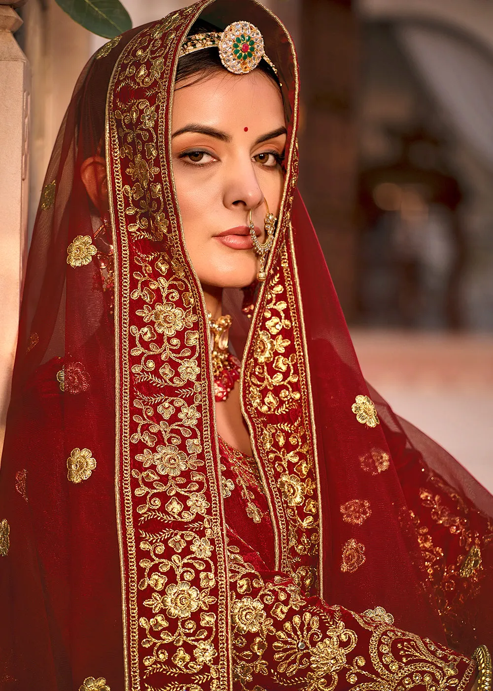 Maroon Velvet Front & Back Embroidery Wedding Anarkali Suit