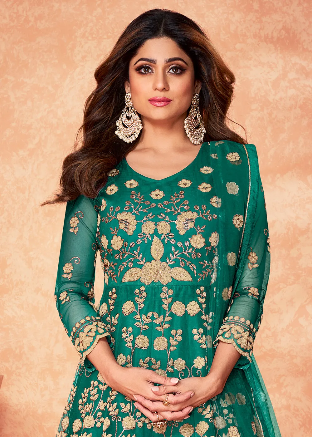 Net Shamita Shetty Teal Green Beads Work Wedding Anarkali