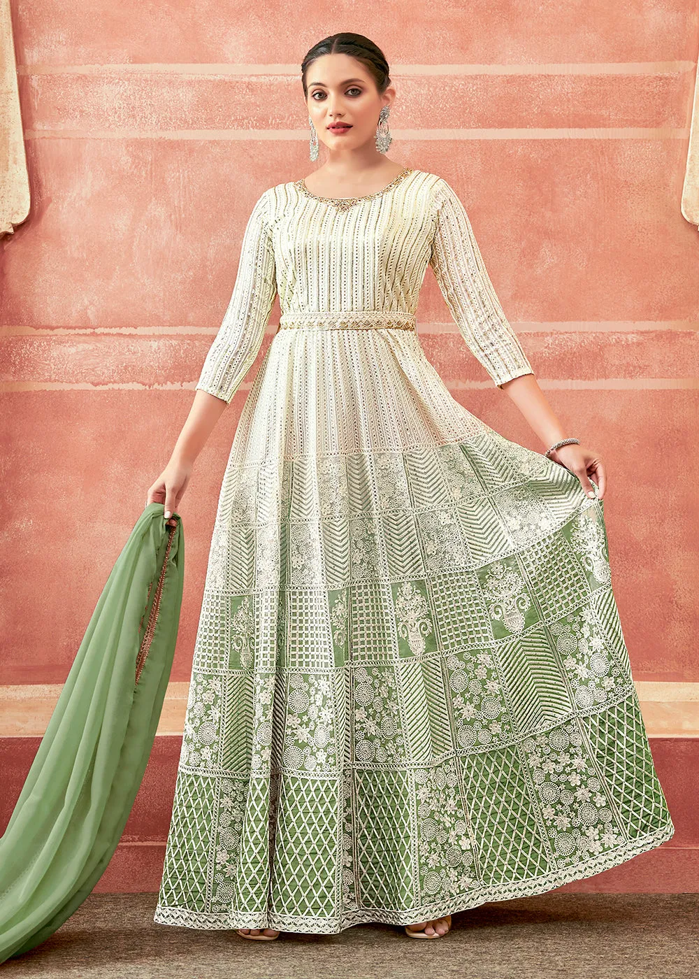 Off White & Green Georgette Embroidered Festive Anarkali Suit