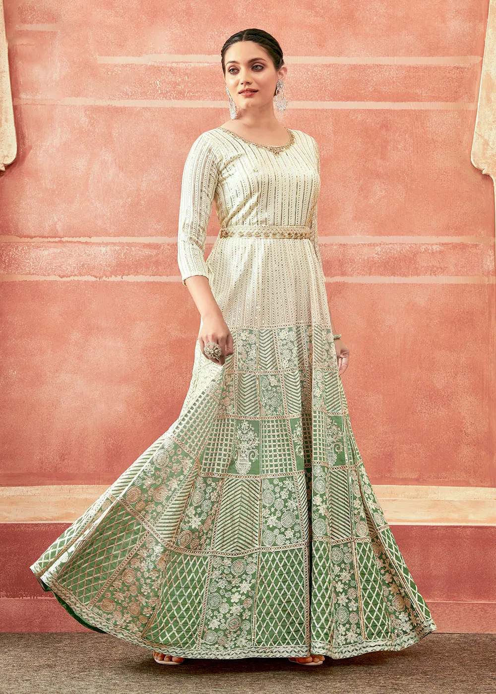 Off White & Green Georgette Embroidered Festive Anarkali Suit