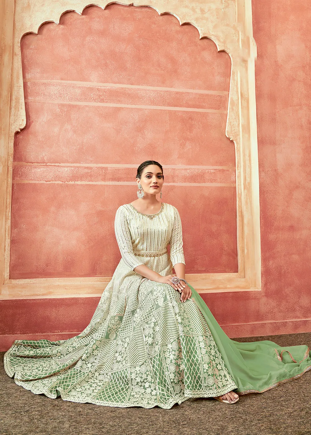 Off White & Green Georgette Embroidered Festive Anarkali Suit
