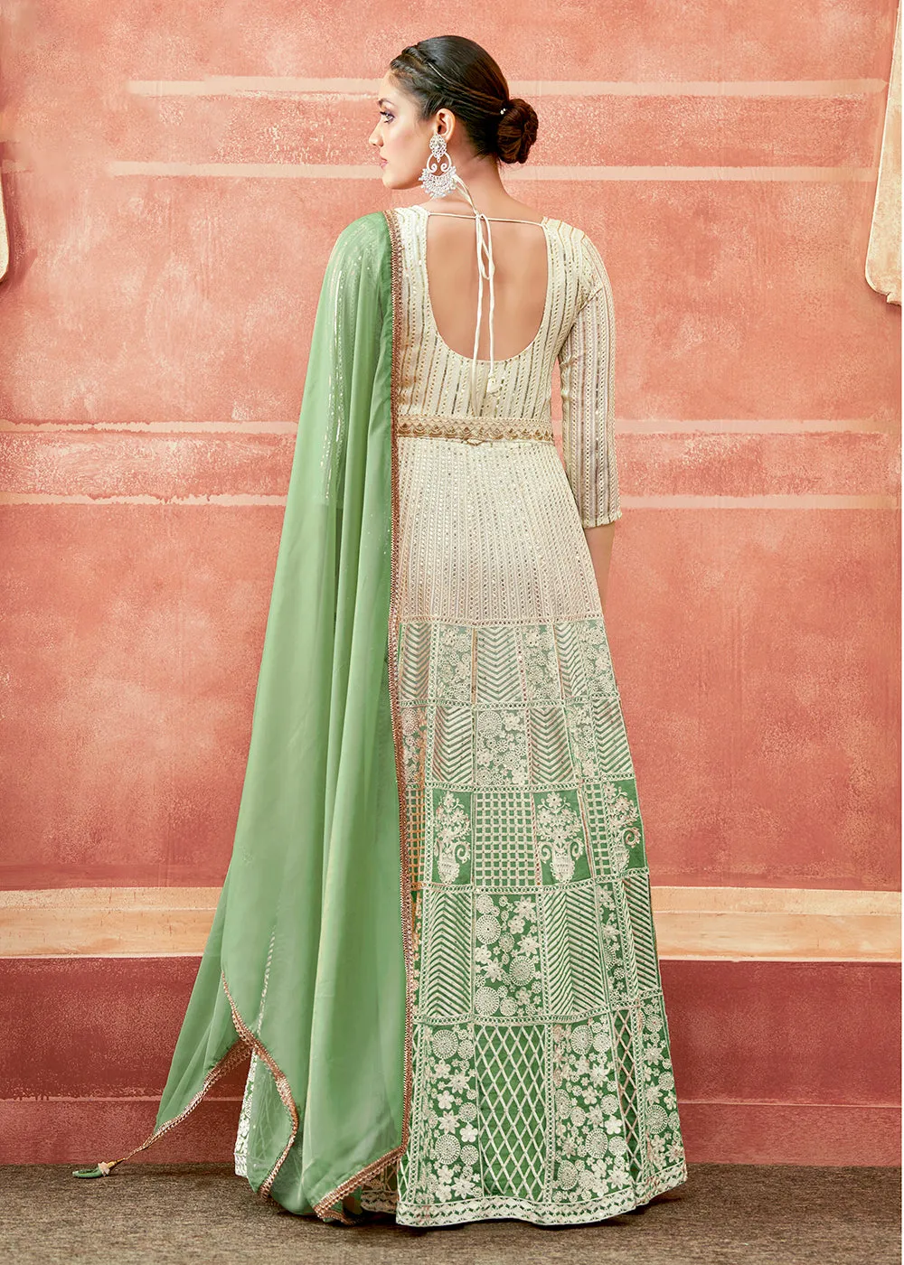 Off White & Green Georgette Embroidered Festive Anarkali Suit