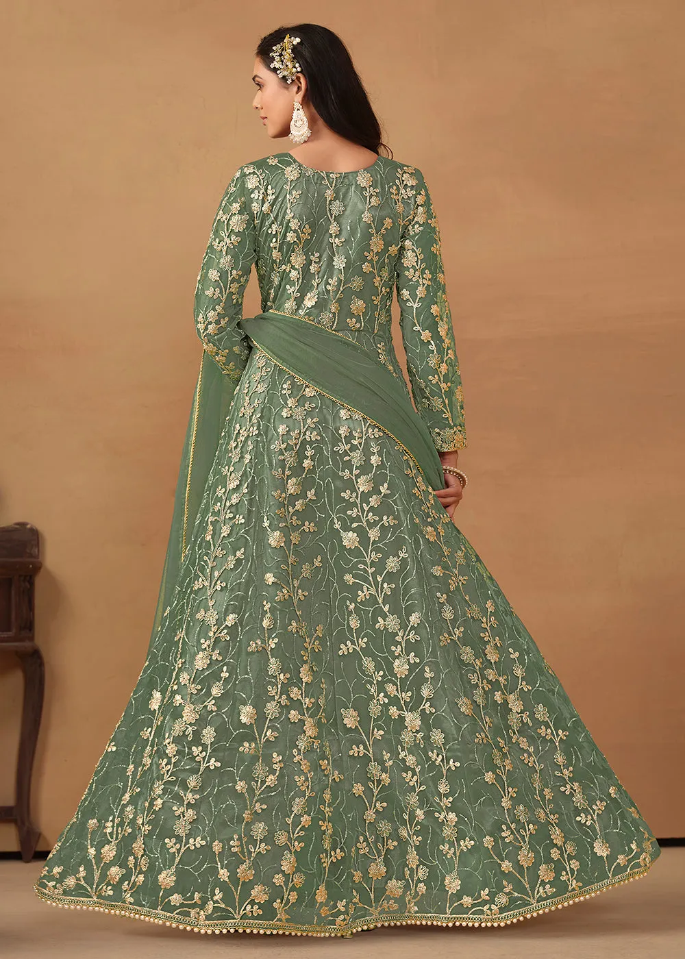 Pant Style Sage Green Embroidered Net Wedding Anarkali Suit