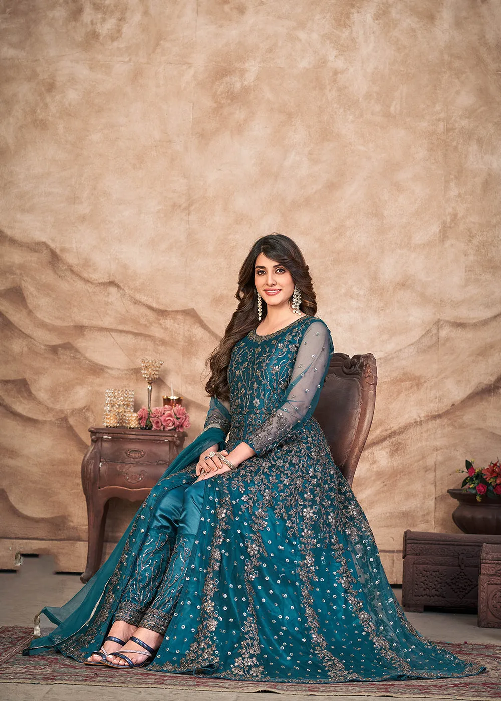Peacock Blue Net Embroidered Pant Style Anarkali Suit