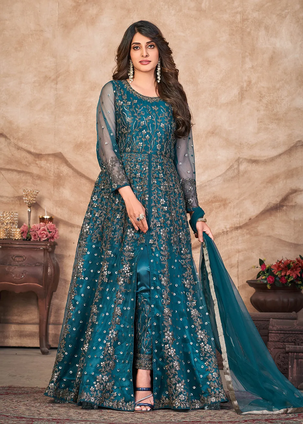 Peacock Blue Net Embroidered Pant Style Anarkali Suit