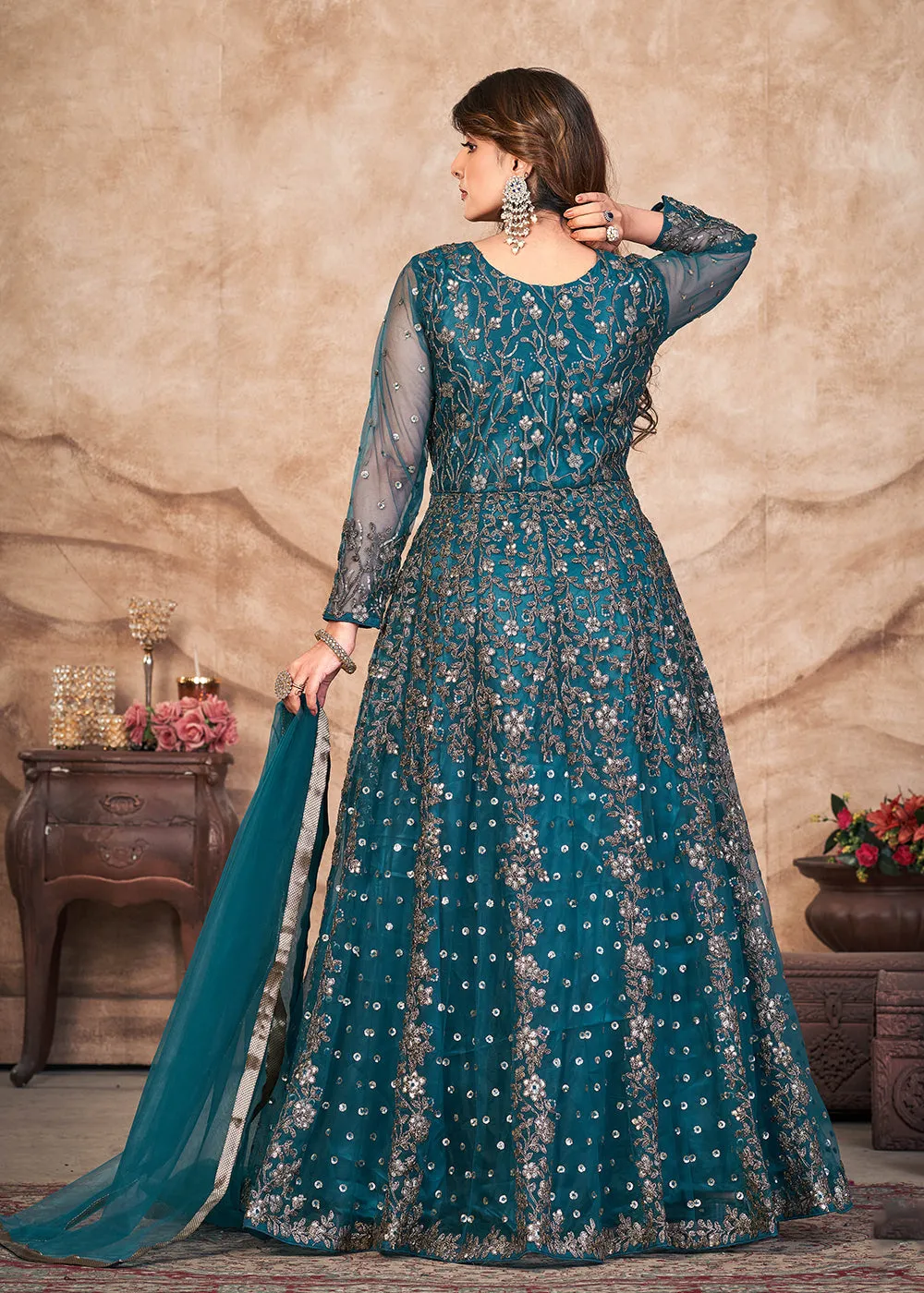 Peacock Blue Net Embroidered Pant Style Anarkali Suit