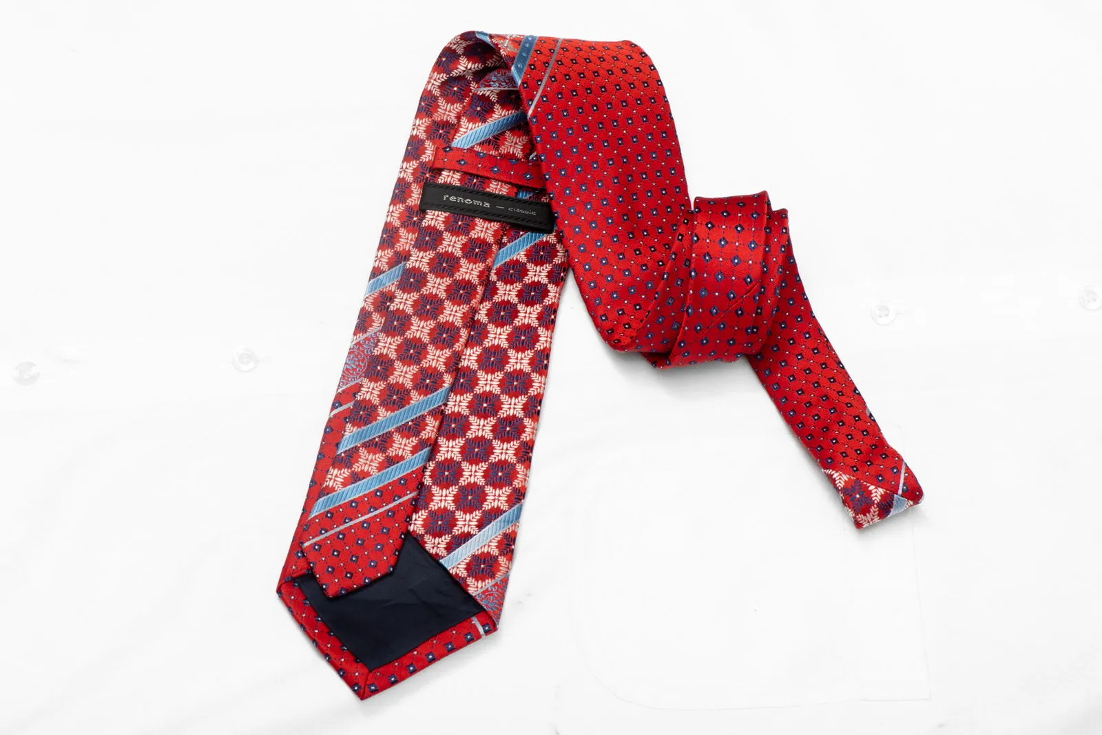 Silver Blue Geometric & Striped On Red Rhinestone Silk Tie With Sparkles
