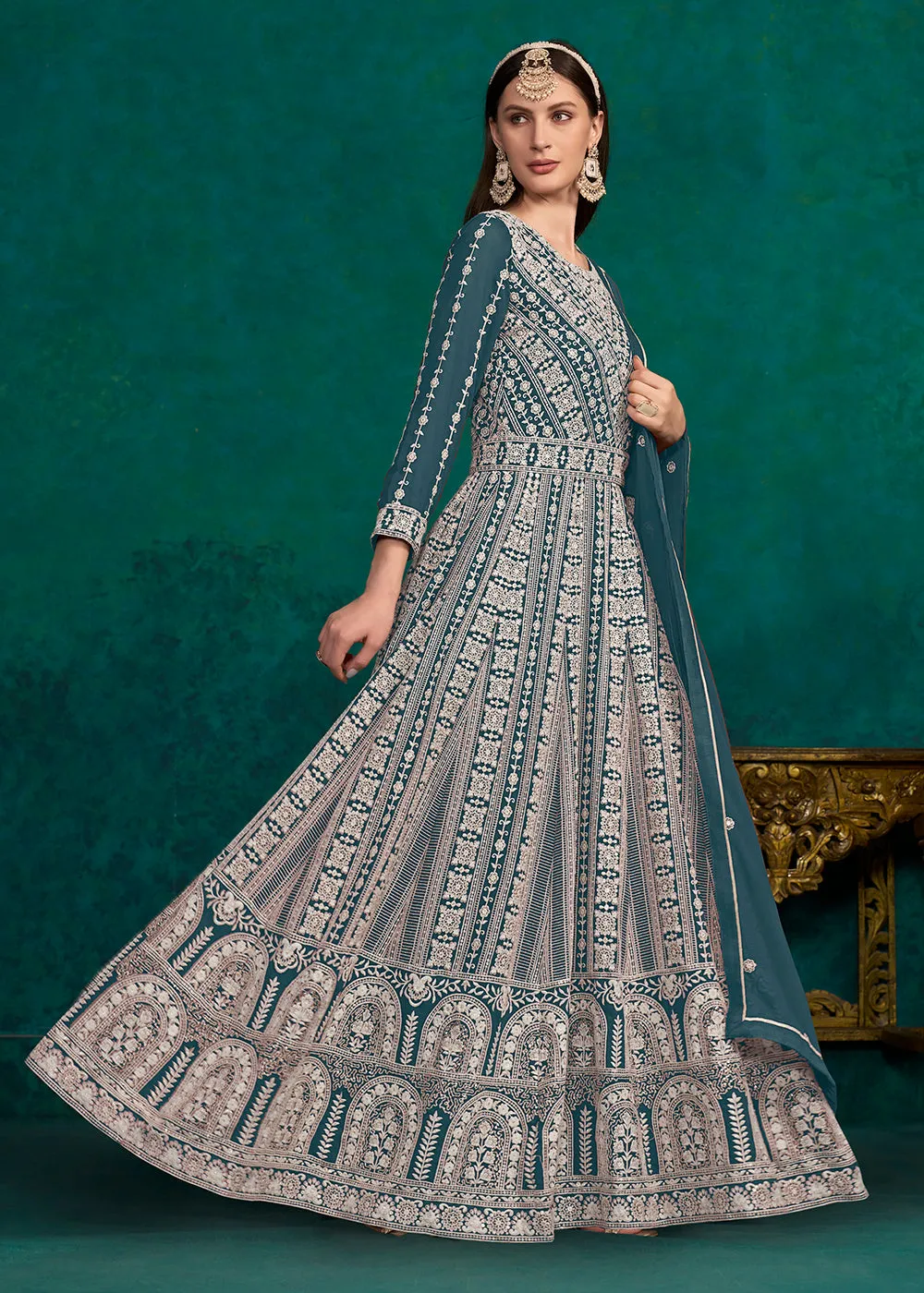 Teal Blue Lucknowi Embroidered Wedding Anarkali Suit