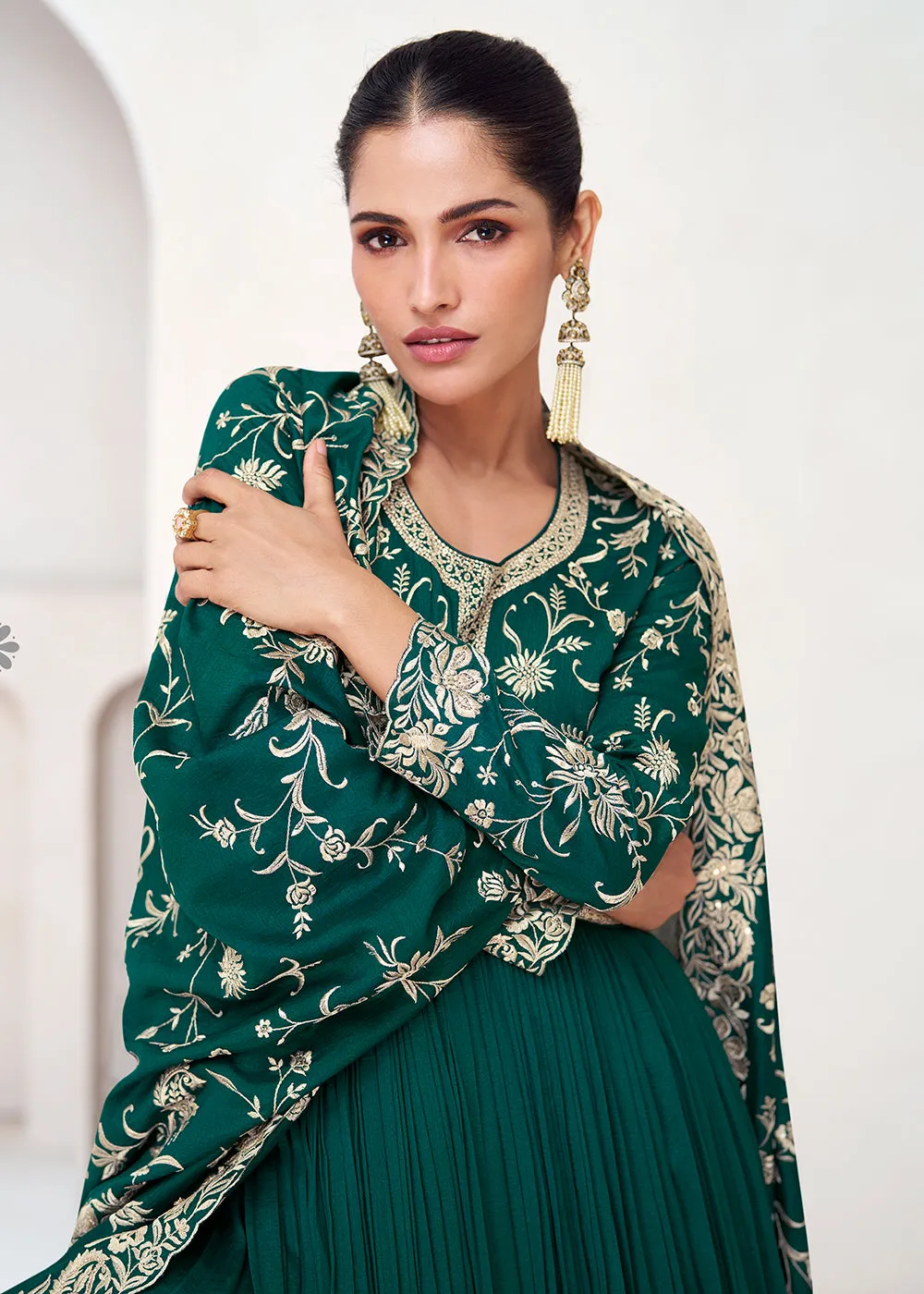 Topnotch Green Embroidered Premium Silk Anarkali Suit