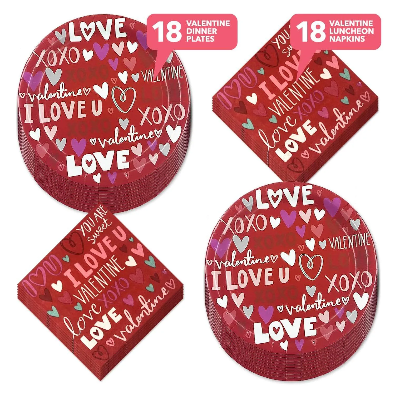 Valentine's Day Party Supplies (Valentine's Sayings Red Paper Dinner Plates and Luncheon Napkins)