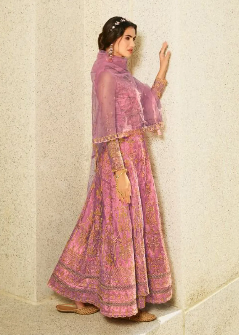Wedding Party Pink & Gold Embroidered Stunning Anarkali Suit