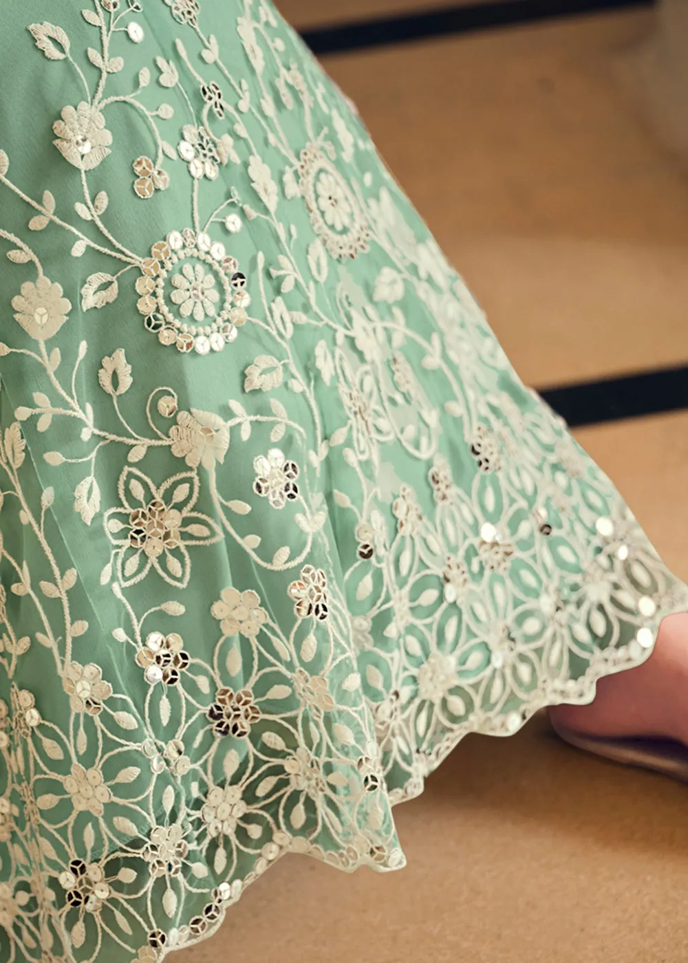 Wedding Wear Green Net Sequins Embroidered Anarkali Suit